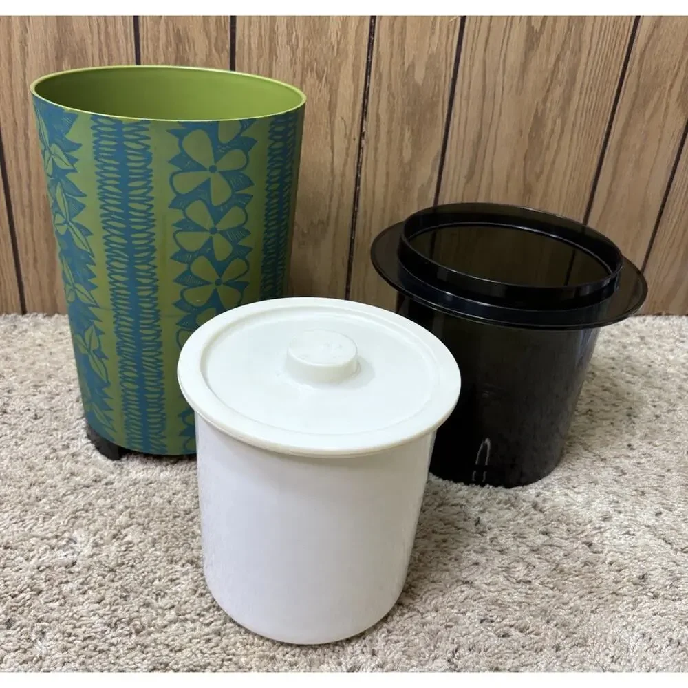 Fesco Vintage Tiki Hawaiian Round Trash Can 3 Pieces RARE Made In USA 13”